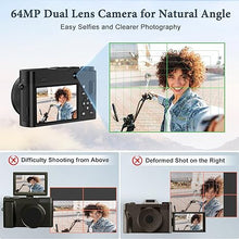 Load image into Gallery viewer, 4K Digital Camera, 64MP Rear and Front Camera for Photography and Video Autofocus Anti-Shake, 3&#39;&#39; Selfie Flip Vlogging Camera with Ultra Bright Flash, Camera with Dial 16X Zoom (2 Batteries+Charger)
