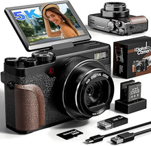 Load image into Gallery viewer, Digital Camera, 64MP Cameras for Photography, 5K Vlogging Camera for YouTube, 180°Flip Screen Digital Point and Shoot Camera with 18X Zoom, Compact Camera for Beginner with 32GB SD Card(2 Batteries)
