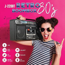 Load image into Gallery viewer, QFX J-220BT Boombox MP3 Conversion from Radio to Cassette with 4-Band (AM, FM, SW1, SW2) Radio with Bluetooth, Rechargeable Battery, Dual 3” Speakers, Built-in Microphone, Recorder, 3-Band Equalizer
