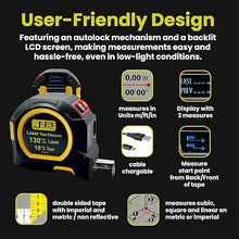 Load image into Gallery viewer, JNB Pro 2 in 1 Digital Tape Measure with Laser, 130ft/40m Laser Distance Meter Display on Backlit LCD + 16ft/5m Autolock Retractable Measuring Tape, Heavy Duty Laser Tape Measure - m,ft, in
