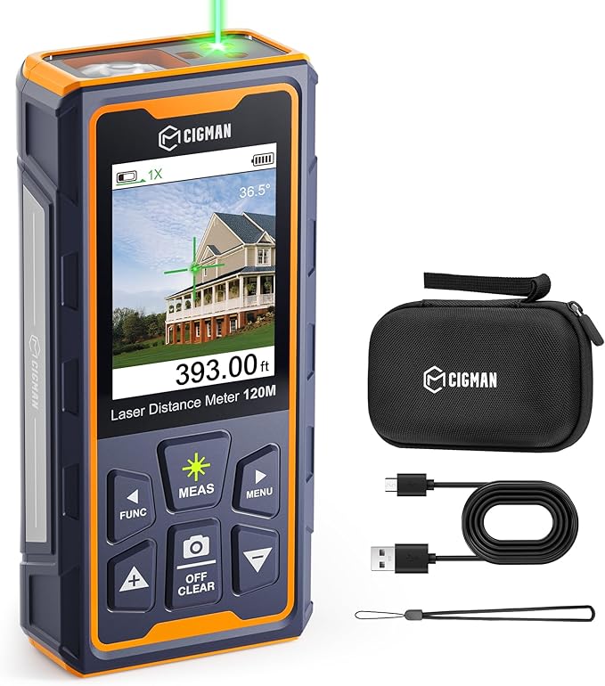 Laser Measuring Tool, CIGMAN 393ft Green-Beam Laser Measure, Outdoor Laser Measurement Tool with 4X Camera, P2P Technology, IP68, Rechargeable Laser Distance Meter, Length, Area, Volume, Angle Sensor