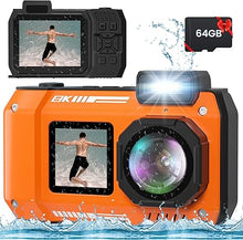 Load image into Gallery viewer, 8K 70MP Digital Camera with 64GB Card, Rugged Waterproof Dustproof Shockproof, 33FT Underwater Camera for Snorkeling Travel Sport, Dual-Screen Selfie Autofocus Point and Shoot Digital Camera
