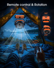 Load image into Gallery viewer, Portable Rechargeable Camping Fan - 20000mAh Cordless Battery Powered Fan with LED Lantern, Remote Auto Oscillating USB C Table Battery Operated Tent Fan for Travel Outdoor Beach
