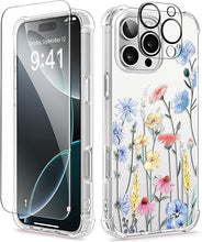 Load image into Gallery viewer, GVIEWIN for iPhone 16 Pro Max Case with Screen Protector &amp; Camera Lens Protector, [Military Grade Protection] Clear Shockproof Slim Floral Phone Cover for Women Girls 6.9" (Aconite/Light Blue)
