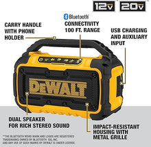 Load image into Gallery viewer, DEWALT 20V MAX Bluetooth Speaker, 100 ft Range, Durable for Jobsites, Phone Holder Included, Lasts 8-10 Hours with Single Charge (DCR010)
