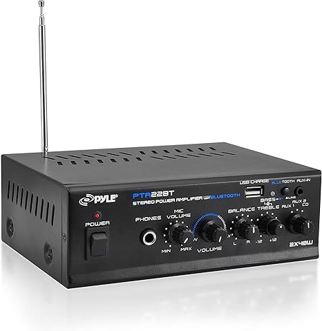 Pyle Bluetooth Mini Blue Series Home Audio Amplifier - Compact Desktop Home Theater-Stereo Amplifier Receiver with USB Charge Port - Pager & Mixer Karaoke Modes - Mic Input (40 Watt x 2) - PTA22BT