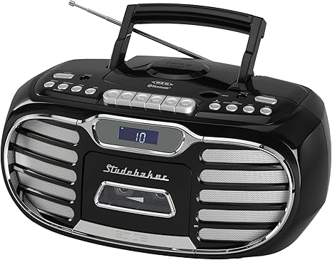 Studebaker Retro Edge Big Sound Bluetooth Boombox with CD/Cassette Player-Recorder/AM-FM Stereo Radio (Black/SB2150B)