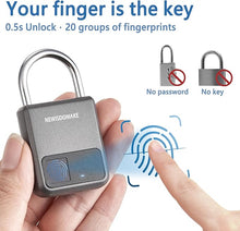 Load image into Gallery viewer, Fingerprint Padlock, Smart Padlock with USB Charging Support, Fingerprint Lock, Biometric Lock Suitable for Luggage, Bookcase, Suitcase, Backpack, Bike, School Locker, Gym Locker Lock(Gray)
