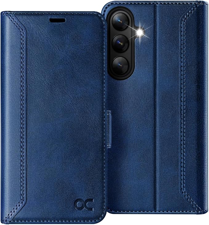 OCASE Compatible with Galaxy S25 Wallet Case, PU Leather Flip Folio Case with Card Holders RFID Blocking Kickstand [Shockproof TPU Inner Shell] Protective Phone Cover 6.2 Inch 2025, Retro Blue