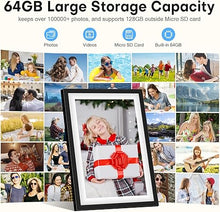 Load image into Gallery viewer, 10.1 Inch Digital Picture Frame WiFi, Frameo Digital Picture Frame, Smart Cloud Electronic Picture Frame with 64GB Storage, Easy Load from Phone and Setup to Share Photos/Videos via Frameo
