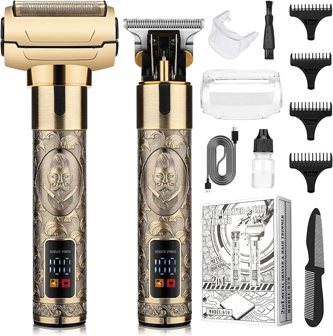 Professional Hair Clippers for Man,Electric Shavers Razor T-Blade Hair Trimmer, Men’s Grooming Kit Cordless Barber Trimmer Bald Shavers with 4 Guides & 3 Foil Head (Bronze)