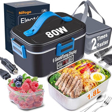 Load image into Gallery viewer, Nifogo Electric Lunch Box for Adults 80W with Temperature Display Heated Lunch Box Food Warmer Lunch Box 1.8L Stainless Steel Container&amp;Bag 12V/24V/110V for Car/Truck/Work(Blue)
