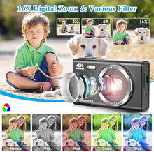 Load image into Gallery viewer, Digital Camera, SOPPY FHD 1080P Compact Camera for Kids, 44MP Digital Camera, with 32GB Card, 2 Batteries, 16X Digital Zoom, Compact Travel Vlogging Video Camera Gift for Kid Teen Beginner (Black)
