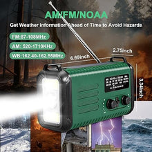 Load image into Gallery viewer, Emergency Hand Crank Weather Radio, 20000mAh AM/FM/NOAA Solar Powered Radio with Phone Charger, USB Charged, LED Flashlight Reading Lamp Headphone Jack, SOS Alarm, Compass for Emergency (Army Green)
