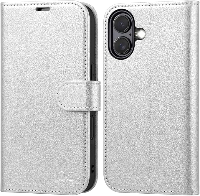 OCASE Compatible with iPhone 16 Wallet Case, PU Leather Flip Folio Case with Card Holders RFID Blocking Kickstand [Shockproof TPU Inner Shell] Phone Cover 6.1 Inch 2024, Silvery