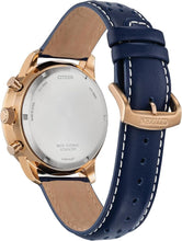 Load image into Gallery viewer, Citizen Men's Eco-Drive Weekender Sport Casual Chronograph Rose Gold Stainless Steel Watch with Blue Leather Strap, Blue Dial (Model: CA4503-00L)
