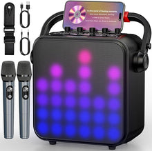 Load image into Gallery viewer, Karaoke Machine for Adults &amp; Kids with Full-Screen LED Lights, Portable Bluetooth Speaker with 2 Wireless Microphones, Bass/Treble Adjustment, Supports REC/TWS/FM/AUX/USB/TF Card for Home Party
