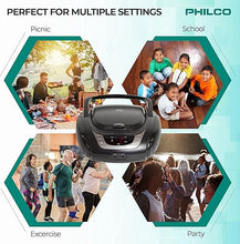 Load image into Gallery viewer, Philco Portable Bluetooth Boombox with CD Player | CD Player is Compatible with MP3/WMA/CD-R/CD-RW CDs | AM FM Radio with Bluetooth | 3.5mm Aux Input | Stereo Sound | LED Display | AC/Battery Powered
