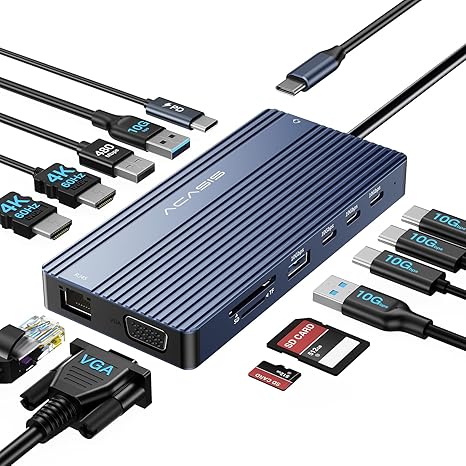 14 in 1 USB C Docking Station Dual HDMI Monitor, Laptop Docking Station Triple Display, 2*4K60 HDMI, 1080p VGA, Ethernet, 3 USBC 10Gbps,100W PD, SD/TF 3.0, Audio - For MacBook, Dell, Lenovo, Surface