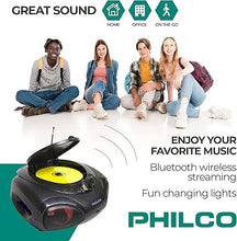 Load image into Gallery viewer, Philco Portable Bluetooth Boombox CD Player with AM FM Radio and USB Playback | Fun Lights |Stereo Sound | CD Player is Compatible with MP3/WMA/CD-R/CD-RW CDs | 3.5mm Aux Input | AC/Battery Powered
