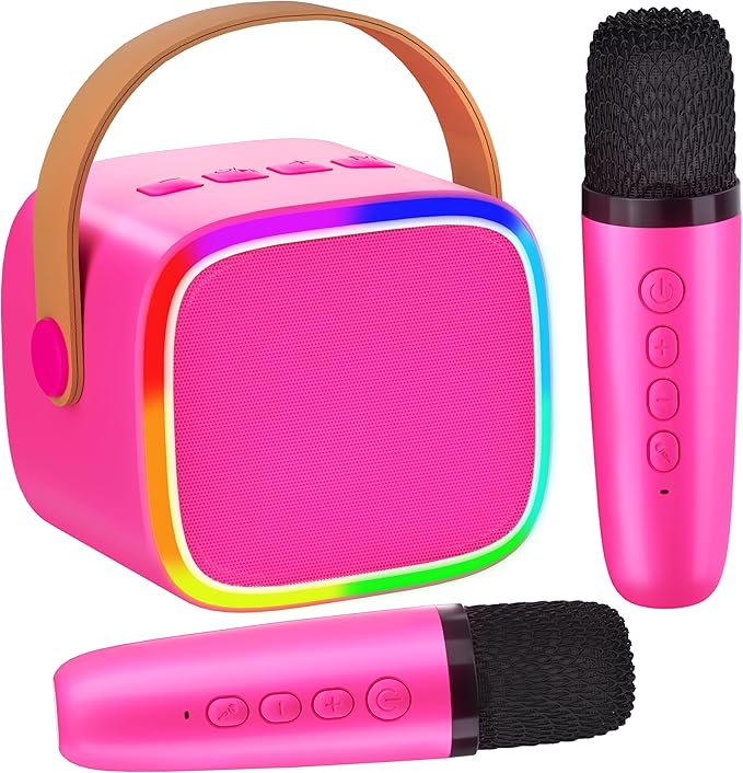 Mini Karaoke Machine for Kids with 2 Wireless Microphones, Kids Toys for Girls and Boys, Portable Bluetooth Speaker with LED Disco Lights for Home Party, Birthday Gifts for Girls Kids(Rose Red)