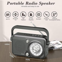 Load image into Gallery viewer, Portable AM FM Radio with Bluetooth 5.3, 7400mWh Rechargeable Radio with Best Reception, 2 D Batteries Operation Radio, SD Card/USB Port, Loud Speaker, Earphone Jack for Home, Outdoors
