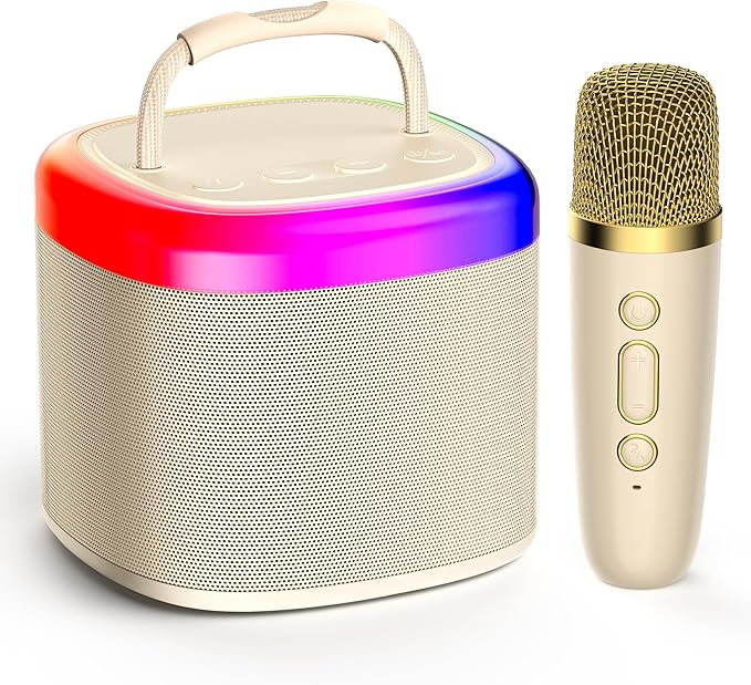 JYX Mini Karaoke Machine for Kids - Beige Bluetooth Speaker with Party Lights and 1 Wireless Microphone, Great for Kids and Adults, Ideal for Family Home Parties and Birthday