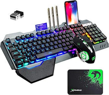 Load image into Gallery viewer, Wireless Gaming Keyboard and Mouse with Rainbow LED 16RGB Backlit Rechargeable 4800mAh Battery Metal Panel Mechanical Ergonomic Feel Waterproof Dustproof 7 Color Mute Mice for Laptop PC Gamer(Black)
