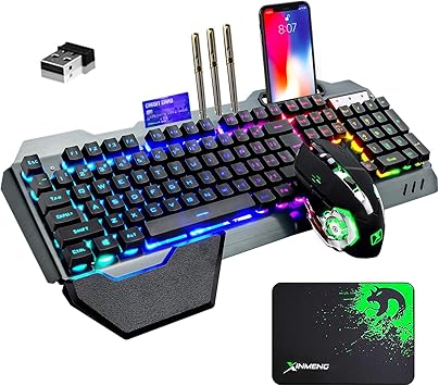 Wireless Gaming Keyboard and Mouse with Rainbow LED 16RGB Backlit Rechargeable 4800mAh Battery Metal Panel Mechanical Ergonomic Feel Waterproof Dustproof 7 Color Mute Mice for Laptop PC Gamer(Black)