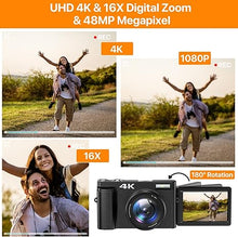 Load image into Gallery viewer, 4K Digital Camera for Photography Autofocus 16X Digital Zoom, 48MP Vlogging Camera with 32GB SD Card, 3&#39;&#39; 180° Flip Screen Compact Camera,2 Batteries
