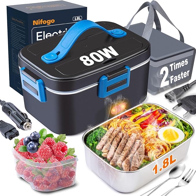 Nifogo Electric Lunch Box for Adults 80W Portable Heated Lunch Box for Men 3 in 1 Portable Food Warmer 110V/12V/24V with 1,8L Removable Stainless Steel Container & Bag(Blue)