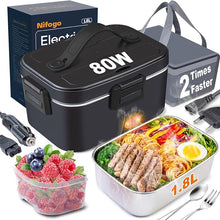 Load image into Gallery viewer, Nifogo Electric Lunch Box for Adults 80W Portable Heated Lunch Box for Men 3 in 1 Portable Food Warmer 110V/12V/24V with 1,8L Removable Stainless Steel Container &amp; Bag(Black)
