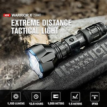 Load image into Gallery viewer, OLIGHT Warrior X Turbo 1100 Lumens Tail Switch Tactical Flashlight, 1000 Meters Throw, IPX8 Waterproof, with Rechargeable Battery, Holster, Lanyard etc
