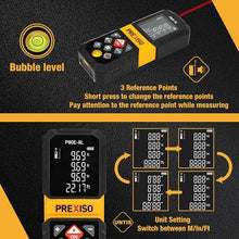 Load image into Gallery viewer, PREXISO Laser Measure, 265Ft Rechargeable Laser Distance Meter with Multi-Measurement Units M/in/Ft, Backlit LCD 4 Line Display, and Pythagorean, Distance, Area, Volume Modes
