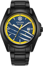 Load image into Gallery viewer, Citizen Men's Eco-Drive Marvel Wolverine Black Ion Plated Watch with Black Leather Strap and Pin Gift Set,Blue Dial, Luminous Hands, 42mm (Model: AW1435-66W)
