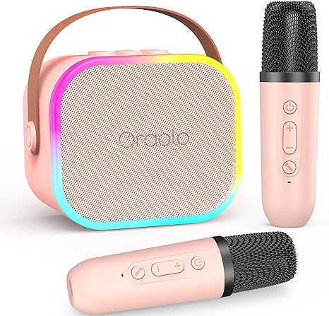 Oraolo Karaoke Machine with 2 Wireless Microphones, Portable Mini Karaoke Machine for Kids, Funny Magical Sound Modes, Indoor Karaoke Speaker Support Multi-Channel Connection