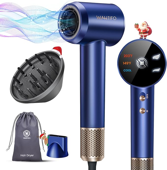 Hair Dryer with Diffuser & Nozzle Magnetic, Hair Blow Dryer for Curly Hair, 110000 RPM High-Speed Brushless Motor for Fast Drying, Negative Ionic Care Hair Dryer for Home,Salon,Travel (Blue)
