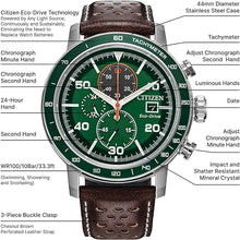 Load image into Gallery viewer, Citizen Men's Eco-Drive Weekender Brycen Chronograph Watch in Stainless Steel, Brown Preforated Leather Strap, Green Bezel, Time/Date, 3 Hand, Green Dial (Model:CA0851-05X)
