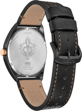Load image into Gallery viewer, Citizen Men's Eco-Drive Marvel Tony Stark 63 Black Ion Plated Watch with Black Leather Strap, 3 Hand, Luminous, 43mm (Model: AW2075-05W)
