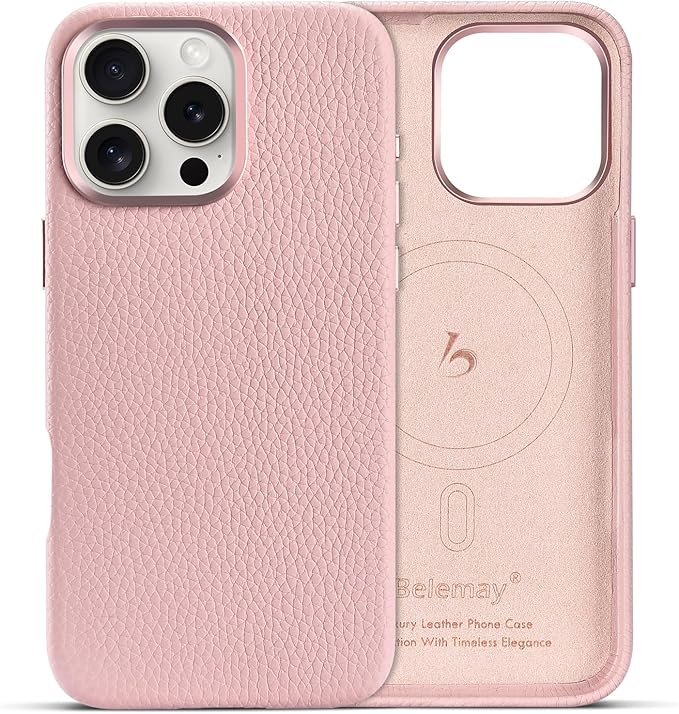 Belemay Compatible with iPhone 16 Pro Max Leather Case - MagSafe Compatible - [Premium Pebbled Leather] Metal Buttons & Camera Bezel - Slim Fit - Luxury Phone Cover (6.9-inch) - Pink