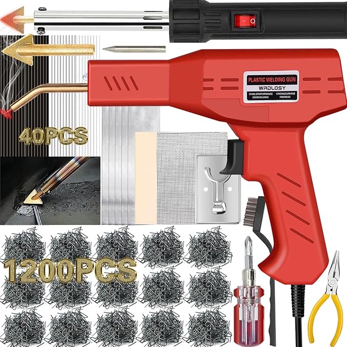 2PCS Plastic Welders, 1200PCS Staples 40PCS Rods Plastic Welding Kit, 5 in 1 Welding Tips Tape Sandpaper Wire Mesh Stand Metal Brush Screwdriver, Bumper Repair Kit(Red)