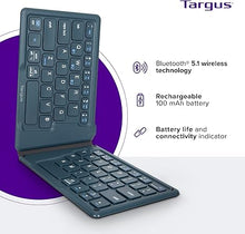 Load image into Gallery viewer, Targus Ergonomic Foldable Bluetooth Keyboard, Split Travel Keyboard Wireless, Rechargeable Portable Wireless Keyboard for Android iPhone Microsoft &amp; Apple Tablets, Blue (PKF00302US),Black
