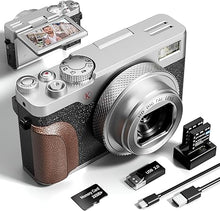 Load image into Gallery viewer, 56MP Digital Cameras for Photography, 4K Autofocus Video Camera with 32GB TF Card &amp; 2 Batteries,18X Zoom Anti-Shake Point and Shoot Digital Cameras,Compact Camera for Travel(K100 Silver)
