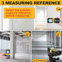 Load image into Gallery viewer, PREXISO Laser Measure Rechargeable, 265Ft Green Beam Laser Measurement Tool with Angle Sensor&amp; 30 Sets Data Storage &amp;1/4"-20 Threaded Hole - Ft/Ft+in/in/M Units - Pythagorean Mode, Area, Volume
