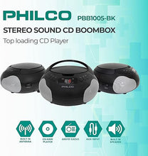 Load image into Gallery viewer, Philco Portable CD Player Boombox with Speakers and AM FM Radio | Black Boom Box Compatible with CD-R/CD-RW and Audio CD | 3.5mm Aux Input | Stereo Sound | LED Display | AC/Battery Powered
