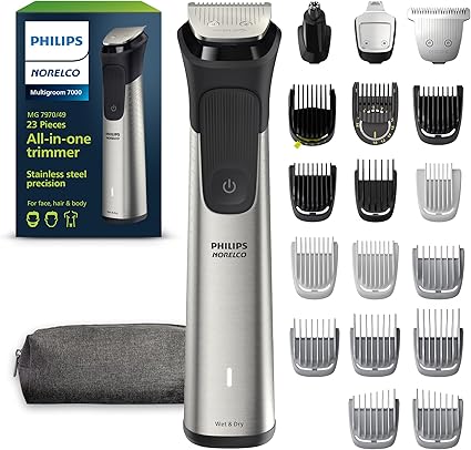 Philips Norelco Multigroom 7000 Series, All-in-One Shaver, Beard Trimmer and Hair Clipper, 23-Piece Men's Grooming Kit for Beard, Face, Nose, Ear and Body, Soft Pouch, Model MG7970/49