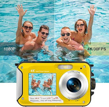 Load image into Gallery viewer, 4K Underwater Camera with 32GB Card 1250mAh Battery 56MP Autofocus 11FT Waterproof Camera Dual-Screen Selfie 16X Waterproof Floatable Digital Camera Underwater Camera for Snorkeling, Yellow
