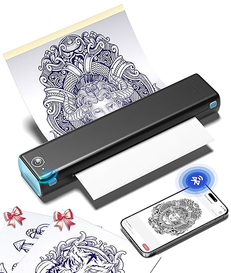 Phomemo M08F Upgraded Tattoo Stencil Printer, Thermal Tattoo Printer with 10pcs Tattoo Transfer Paper, Tattoo Supplies for Tattoo Artists & Beginners, Compatible with Phone, Tablet & PC, Black & Blue