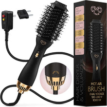 Load image into Gallery viewer, Professional Dual Voltage Blowout Hair Dryer Brush for European Travel 110V-120V/220V-240V, Black Gold Dryer and Volumizer, Hot Air Brush for Women, 2.4 INCHES Oval Shape
