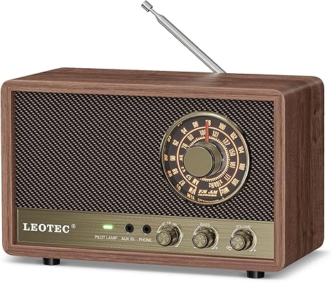 LEOTEC AM FM Radio,Retro Wood Table Radio,Portable Bluetooth Speaker Plug in Wall,Best Reception with AUX,Headphone Jack,Great for Home,Outdoor,Brown